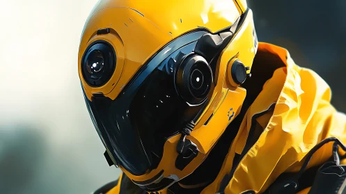 Bright yellow sci fi explorer in a sleek futuristic helmet.