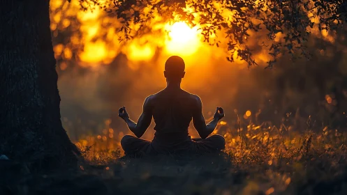 Sunlit monk in serene meditation beneath glowing canopy.