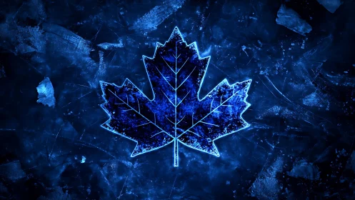 Glowing blue maple leaf icon on textured dark background.