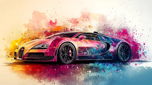 Digital sports car rendering integrates multicolor paint splashes
