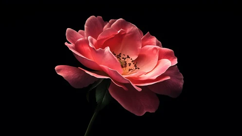 Luminous Coral Rose Against Deep Black Night