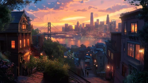 Hillside neighborhood stairway facing glowing city sunset.