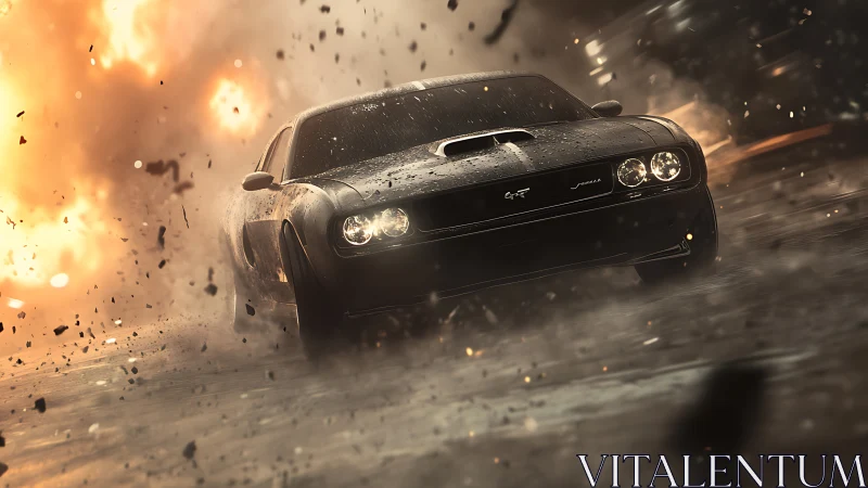 Muscle car outruns a roaring firestorm of shrapnel and smoke.