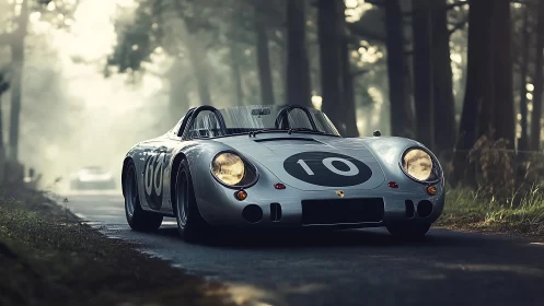 Vintage silver race car cutting through misty forest road.