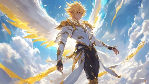 Radiant winged guardian ignites the sky in golden storm.