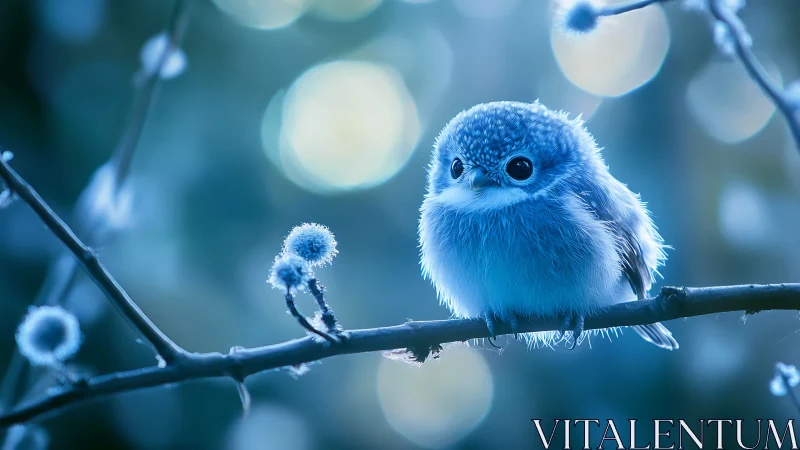 Fluffy Blue Songbird on Frosty Branch in Dreamy Bokeh Style.