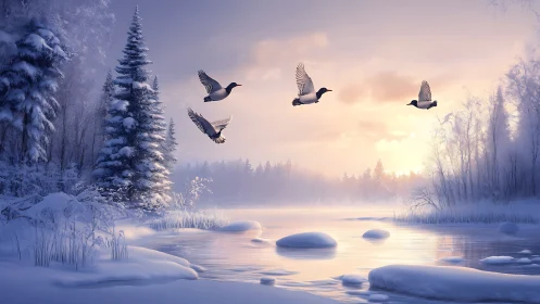 Winter river landscape with flying ducks at sunrise.
