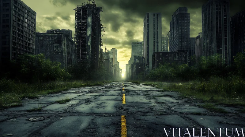 Derelict urban avenue with overgrown high rise ruins.