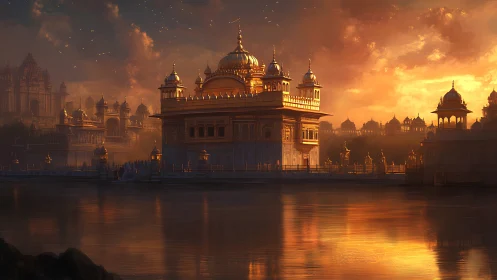 Golden temple complex reflects in calm water at sunset