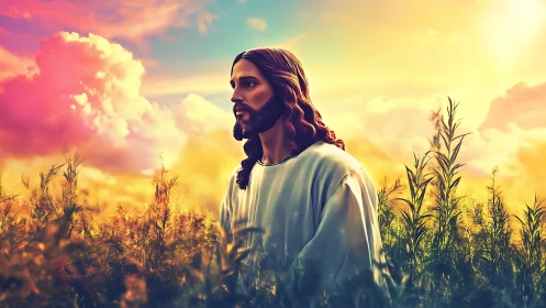 Sunlit shepherd walks through radiant field of promise.