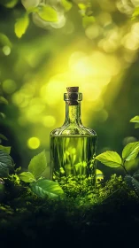 Glass bottle with green liquid in dense forest foliage.