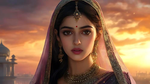 Digital portrait of jeweled bridal visage at sunset horizon.