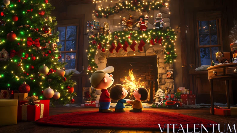 Children near decorated fireplace in stylized holiday interior.