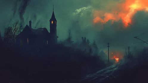 Smoke-drowned chapel watches fire-torn road ignite the sky