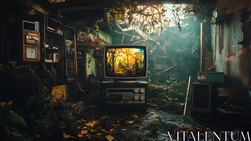 CRT television in overgrown ruin broadcasting forest portal.