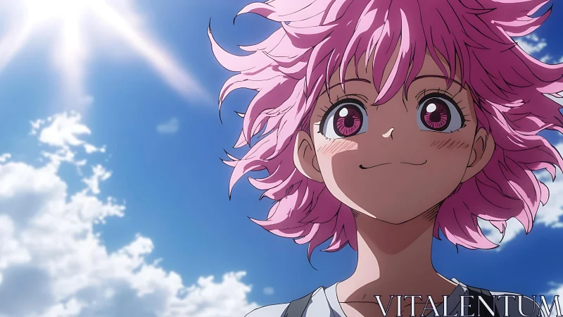 High-angle anime portrait under radiant summer sky lighting.