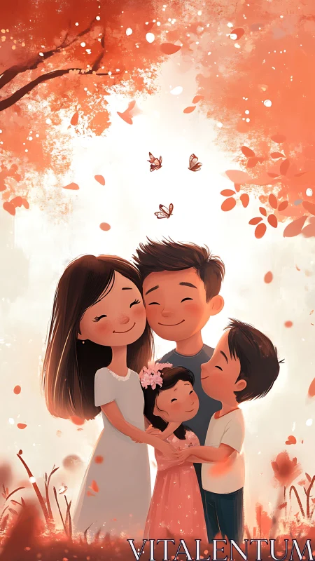 Happy family embracing with autumn leaves and butterflies.