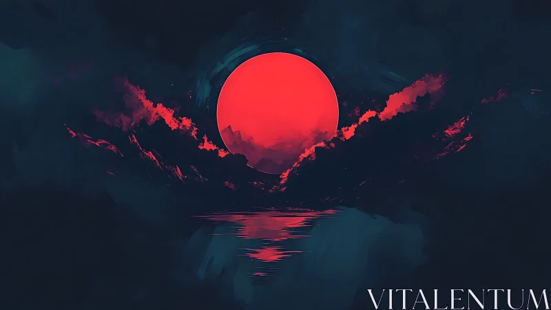 Crimson moon drifts above dark waves in a dreamy night sky