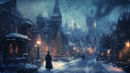 Victorian winter street under snow with glowing gaslamps.