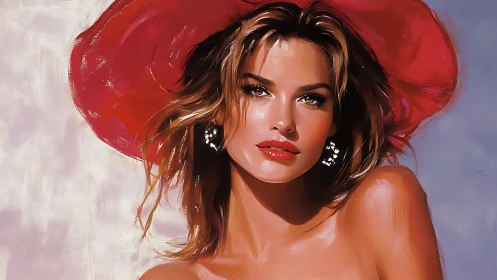 Sunlit glamour portrait in red hat with painterly strokes.
