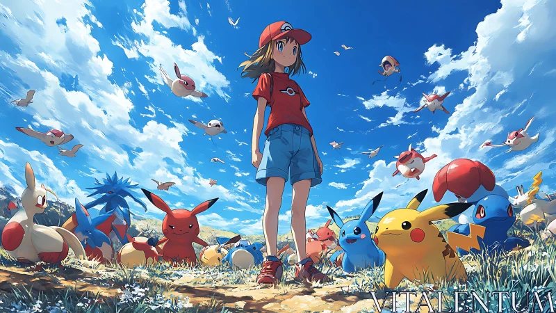 Pokemon trainer stands in open field surrounded by team