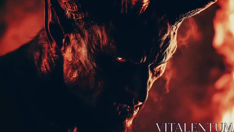 Horned demonic creature portrait in red backlit smoke.