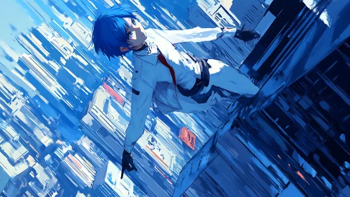 Skyline skater in white carves through electric blue city