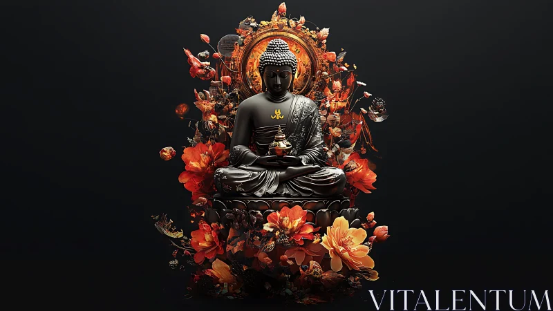 Serene black Buddha amid radiant orange floral energy blooms.