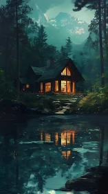 Warm cabin windows glow beside a tranquil forest lake