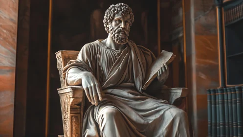 Quiet scholar statue rests in a grand library hall of wisdom