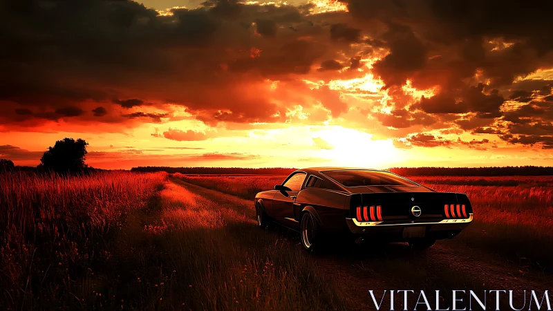 Black classic coupe on rural dirt road under orange sunset.