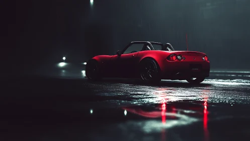 Red convertible sports car parked on wet asphalt at night