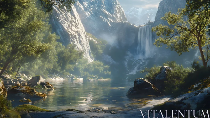 Mountain lake landscape with central waterfall and trees.