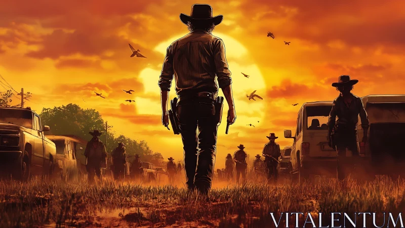 Lone gunslinger advances through cars under blazing sunset sky