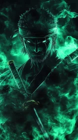 Emerald-tinged swordsman emerging from swirling spectral flames.