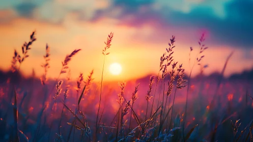 Sunset grassland glowing in neon-kissed twilight colorstorm.