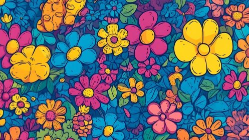 Dense hand-drawn floral pattern with vibrant multicolor blooms