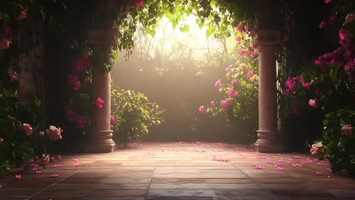 Sunlit garden archway wrapped in soft pink climbing roses.