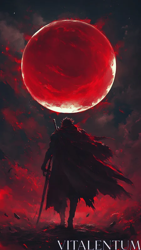 Digital painting of lone swordsman beneath apocalyptic red moon.