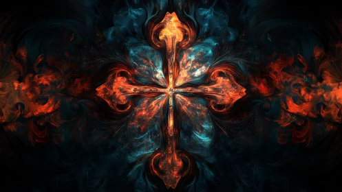 Fractal cross of molten light emerges from turbulent nebula