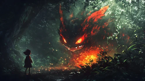 Child observing fiery creature in dense forest environment.