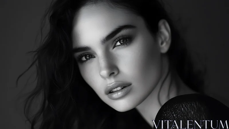 Monochrome close-up portrait of woman with intense gaze.