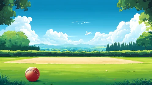 Cricket field landscape with boundary trees and clear sky.