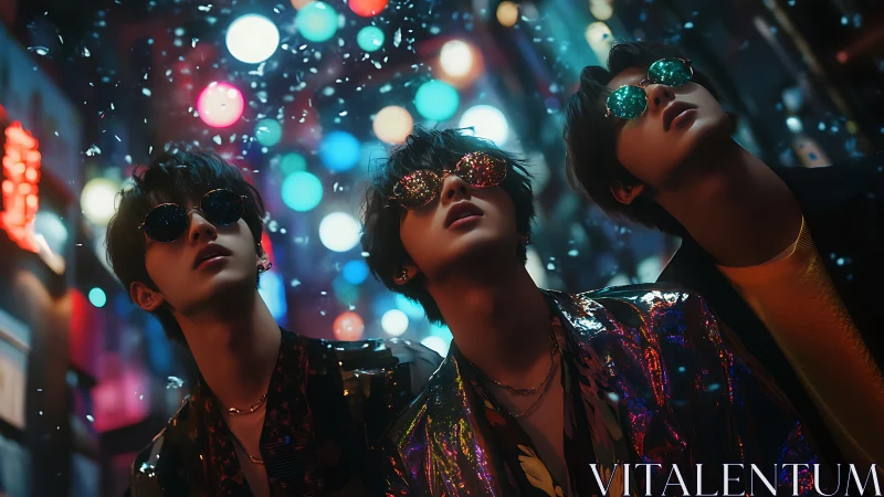 Neon night wanderers soaking in city lights together.