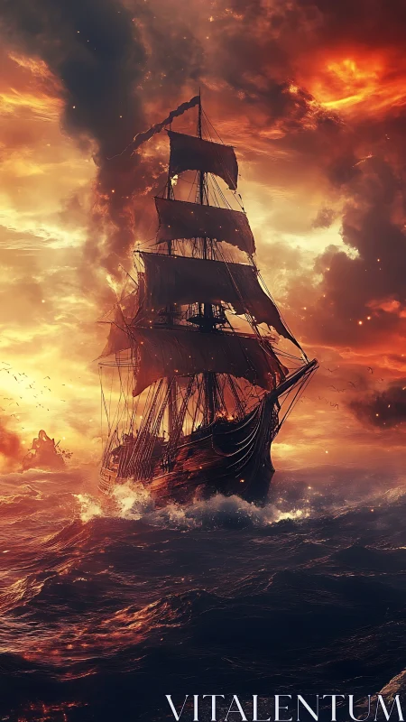 Storm-lit tall ship cuts through turbulent, ember-streaked ocean swells