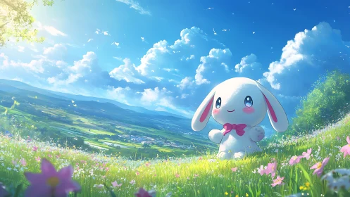 Cartoon rabbit figure in bright rural hillside landscape.