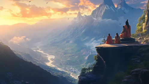 Mountain monks overlook serene valley at sunrise.