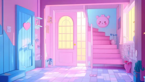 Pastel-lit kawaii hallway interior with stylized stairway.