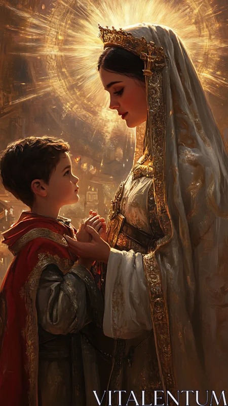 Regal mother and child stand bathed in golden sacred light