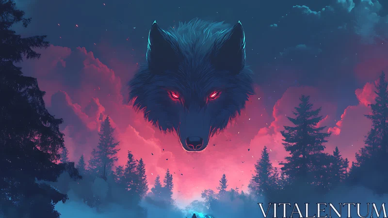 Wolf head with glowing red eyes hovers over twilight forest